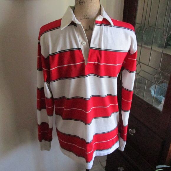 90s Vintage Red White Striped Rugby Polo Shirt Size M Y2K Prep Polo Heritage - Picture 1 of 17